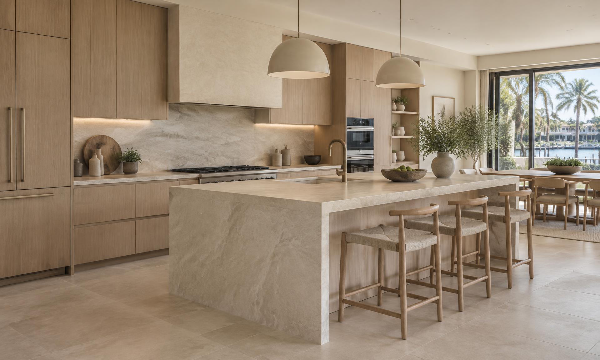 Warm contemporary South Florida kitchen with oak cabinetry and a stone island
